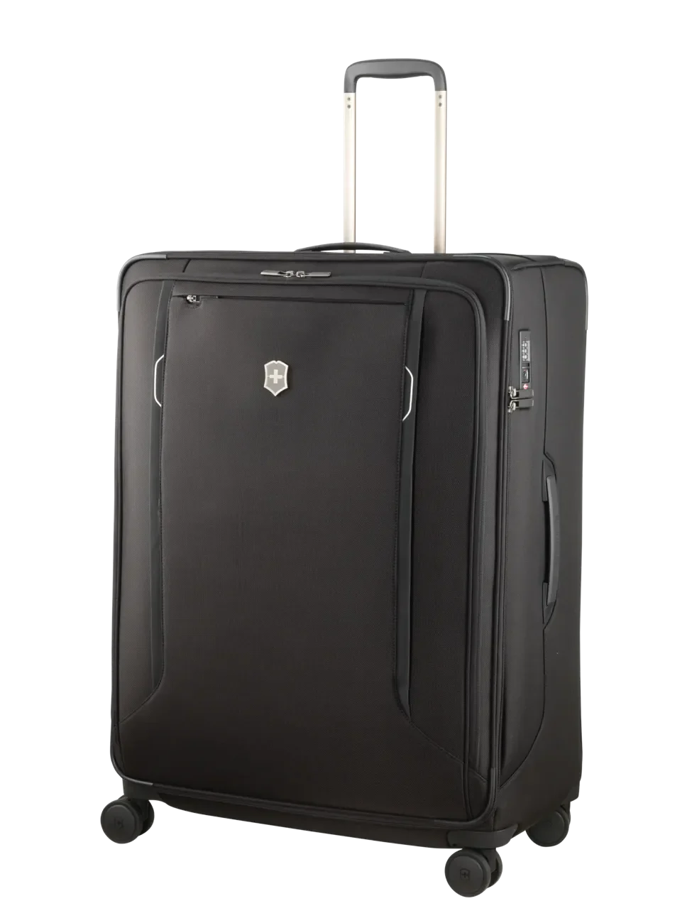 Black rolling suitcase with extendable handle and spinner wheels.