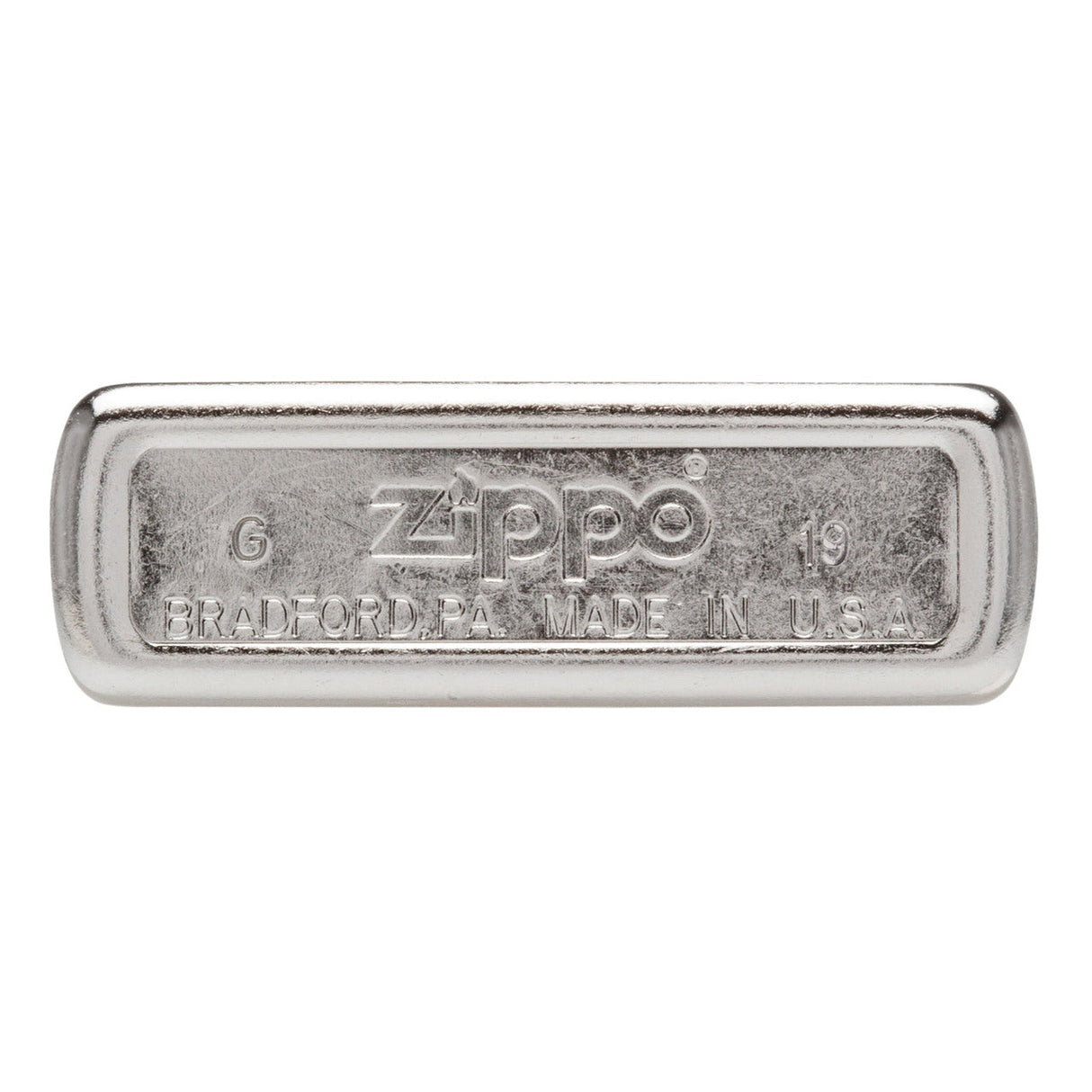 Silver-colored metal bar with embossed Zippo branding and text.