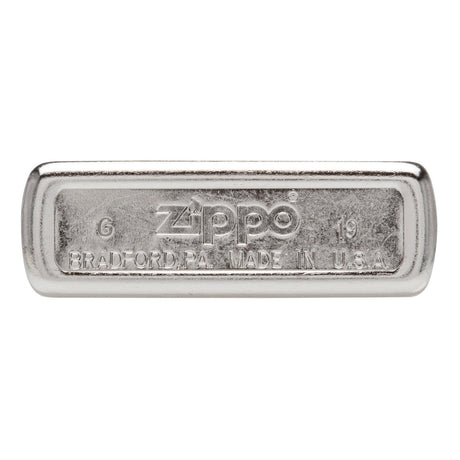 Silver-colored metal bar with embossed Zippo branding and text.