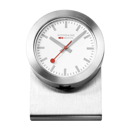 Sleek, modern desk clock with a round white face and silver metal frame.