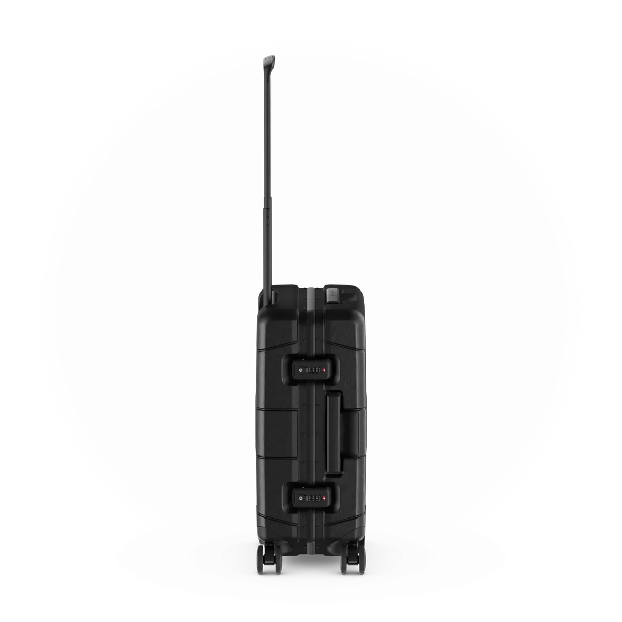Black hard-shell suitcase with an extendable handle and wheels.