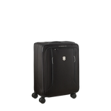 Black wheeled carry-on suitcase with multiple compartments and a logo.