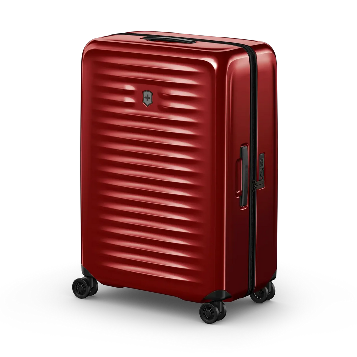 Red hardshell rolling suitcase with horizontal ridges and a logo.