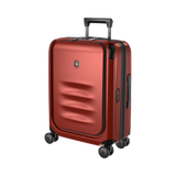 Red hardshell rolling suitcase with a retractable handle and wheels.