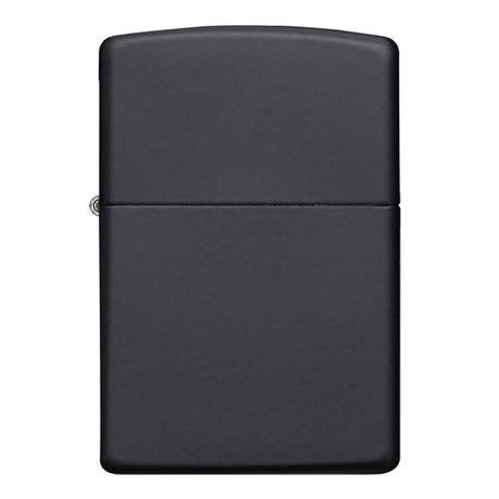Matte black Zippo-style metal lighter with a hinged lid.