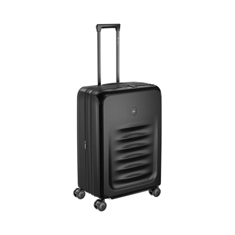 Black hardshell rolling suitcase with a retractable handle and wheels.