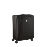Black wheeled suitcase with a front pocket and small logo.