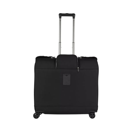 Black rolling garment bag with an extendable handle.