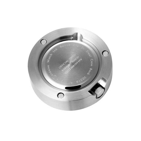 Circular metal watch case back with engraved text and screw holes.