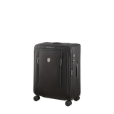 Black wheeled suitcase with multiple compartments and a logo emblem.