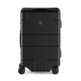 Black hardshell rolling suitcase with horizontal ridges and a logo.