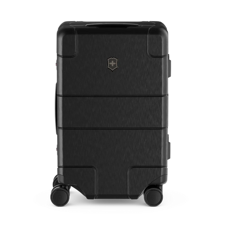 Black hardshell rolling suitcase with horizontal ridges and a logo.