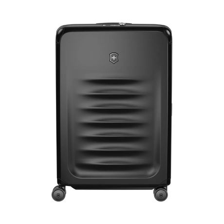 Black hardshell rolling suitcase with horizontal ridges on the front.