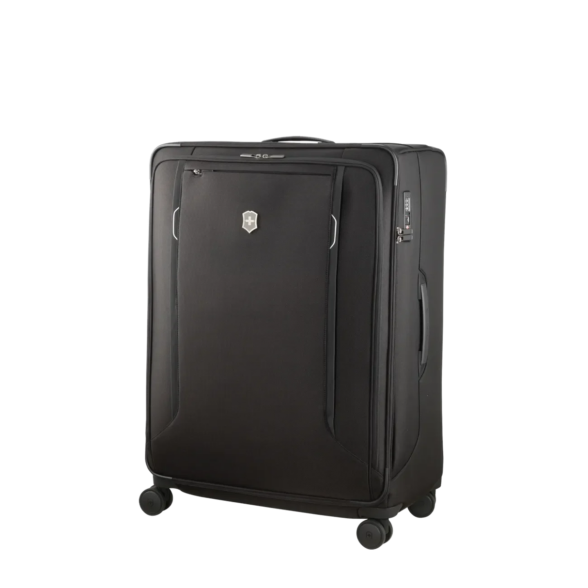 Black wheeled suitcase with a front zippered pocket and expandable design.