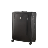 Black wheeled suitcase with a front zippered pocket and expandable design.