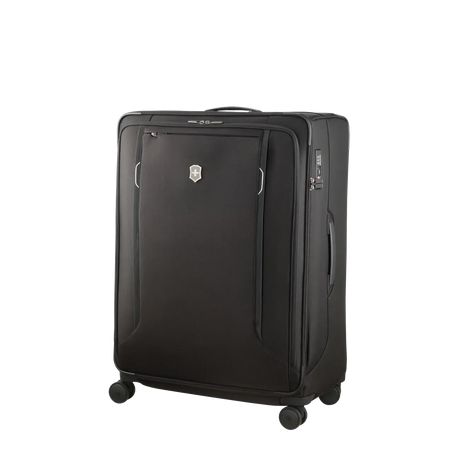Black wheeled suitcase with a front zippered pocket and expandable design.