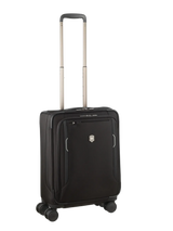 Black rolling suitcase with an extendable handle and four wheels.