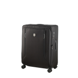 Black rolling suitcase with multiple compartments and a Victorinox logo.