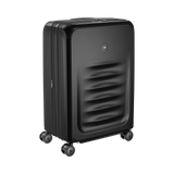 Black hardshell rolling suitcase with horizontal ridges on the front panel.