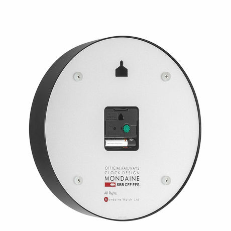 Circular wall clock with a minimalist white face and black rim.