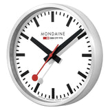 Classic Swiss railway-style wall clock with a white face and red second hand.