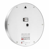 Circular white clock face with minimal markings and a Mondaine logo.