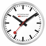 Classic Swiss railway clock with a white face, black markings, and red hands.