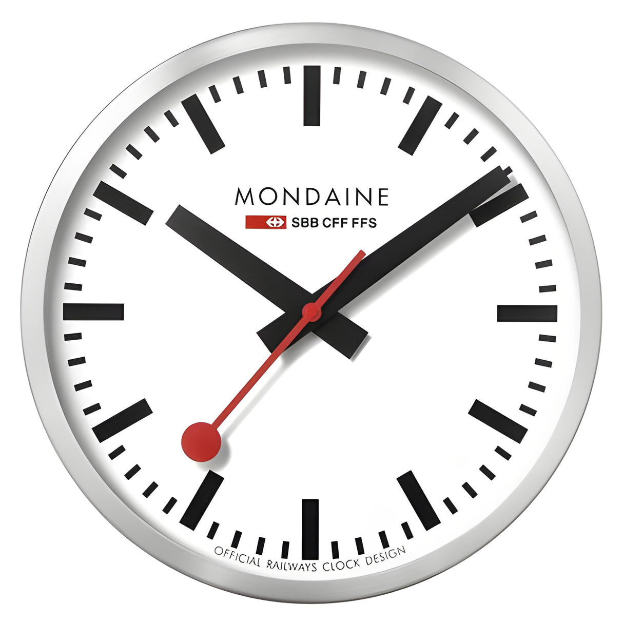Classic Swiss railway clock with a white face, black markings, and red hands.