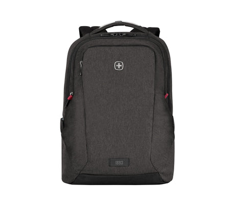 Dark gray backpack with multiple compartments and a Swiss Army logo.