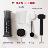 AeroPress coffee maker with its accompanying accessories laid out and labeled.
