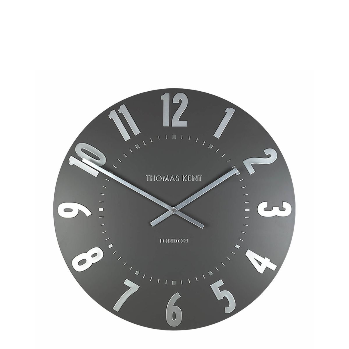 Round wall clock with white numbers on a dark gray face.